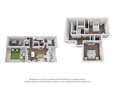 a stylized 3d floor plan of a 2100 sq ft apartment